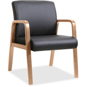 Lorell Upholstered Guest Chair, Black Bonded Leather, Walnut Solid Wood Frame, Four-Legged Base, Armrests, 1 Each