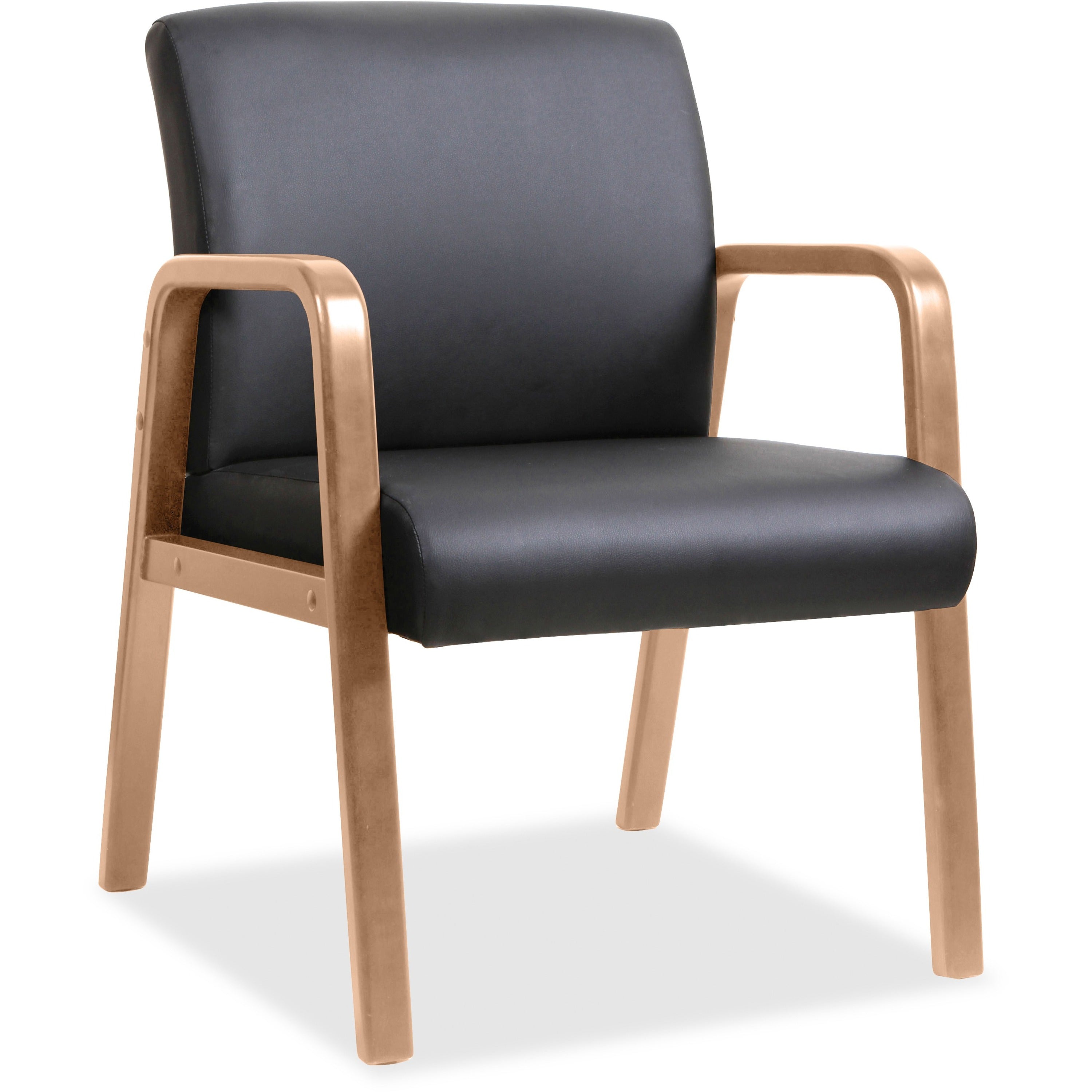 Lorell Upholstered Guest Chair, Black Bonded Leather, Walnut Solid Wood Frame, Four-Legged Base, Armrests, 1 Each