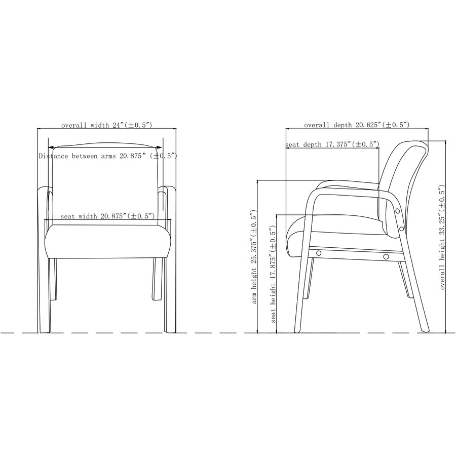 Lorell Upholstered Guest Chair, Black Bonded Leather, Walnut Solid Wood Frame, Four-Legged Base, Armrests, 1 Each
