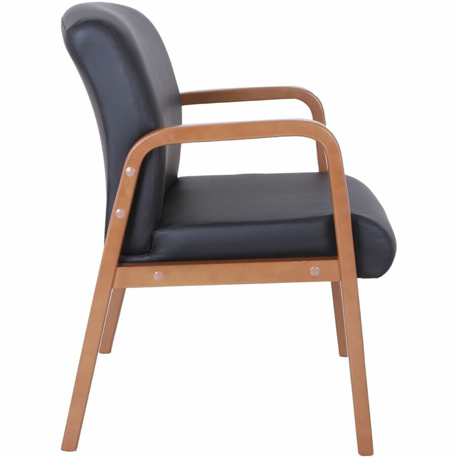 Lorell Upholstered Guest Chair, Black Bonded Leather, Walnut Solid Wood Frame, Four-Legged Base, Armrests, 1 Each