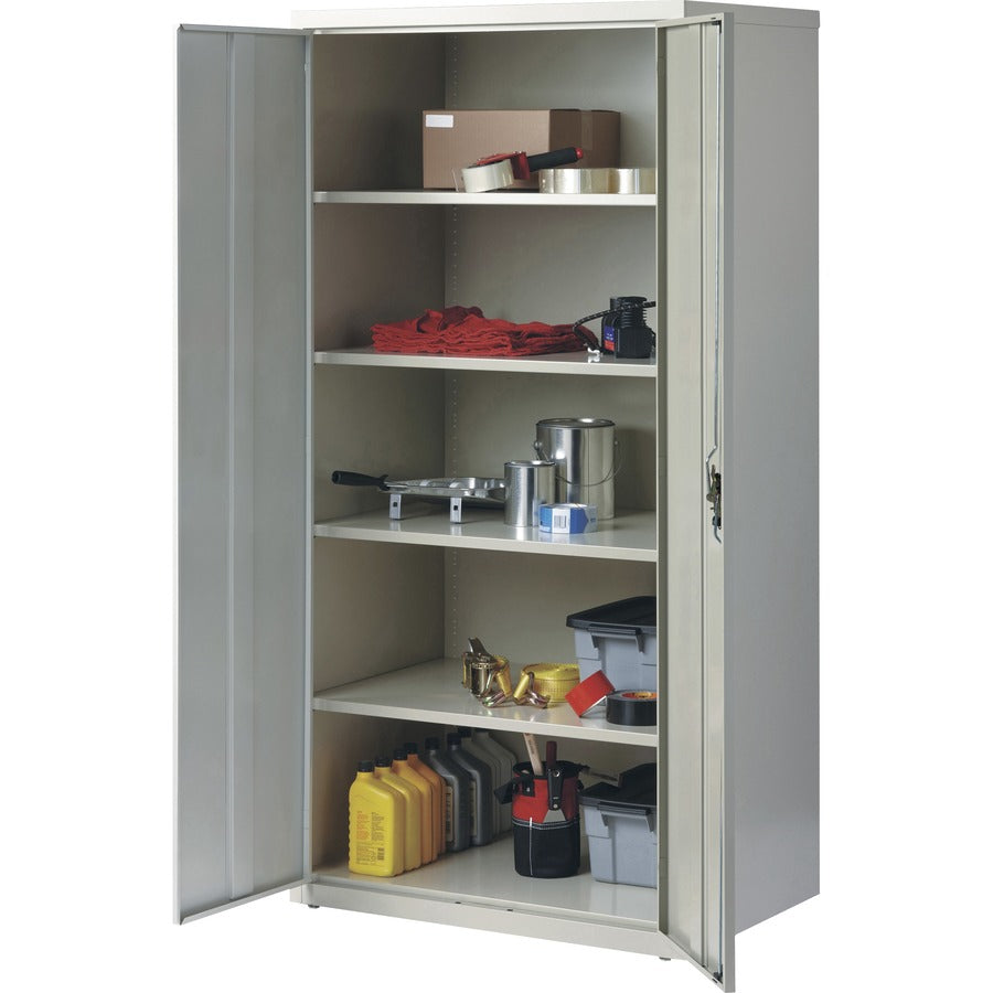 Lorell Fortress Series Storage Cabinet, 36"W x 24"D x 72"H, 5 Shelves (4 Adjustable), Hinged Doors, Recessed Locking Handle, Removable Lock, Light Gray, Steel, 1 Each