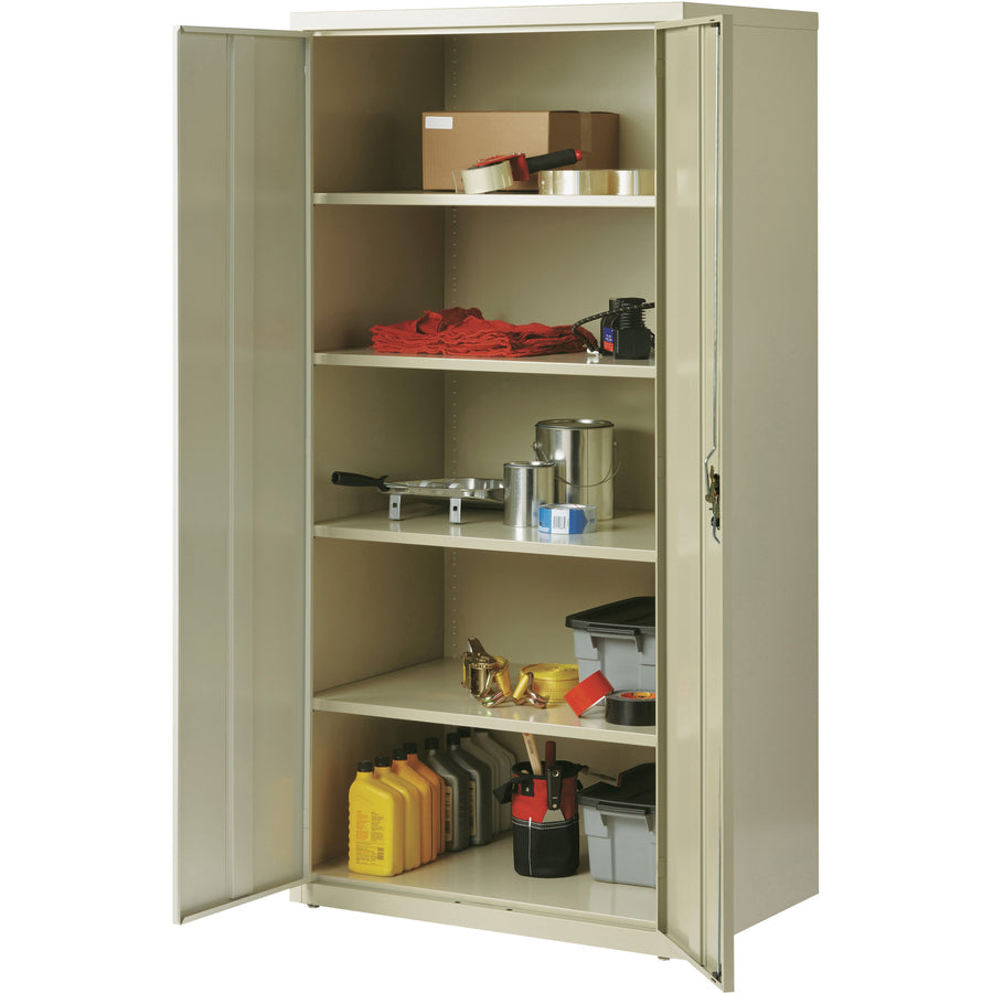 Lorell Fortress Series Storage Cabinet, 36"W x 24"D x 72"H, 5 Shelves (4 Adjustable), Hinged Doors, Recessed Locking Handle, Removable Lock, Steel, Putty, 1 Each