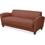 Lorell Accession Reception Sofa, 3-Seater, Tan Bonded Leather, Mahogany Wood Base, 34.5" x 75" x 31.1", 1 Each