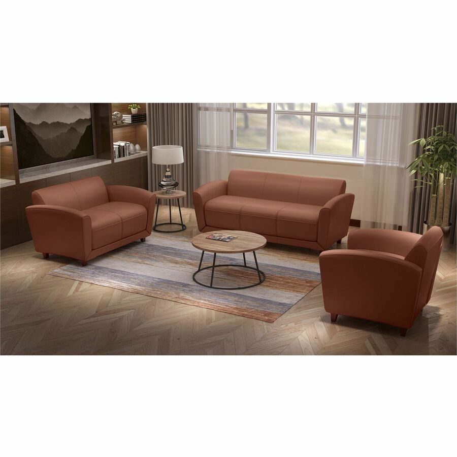 Lorell Accession Reception Sofa, 3-Seater, Tan Bonded Leather, Mahogany Wood Base, 34.5" x 75" x 31.1", 1 Each