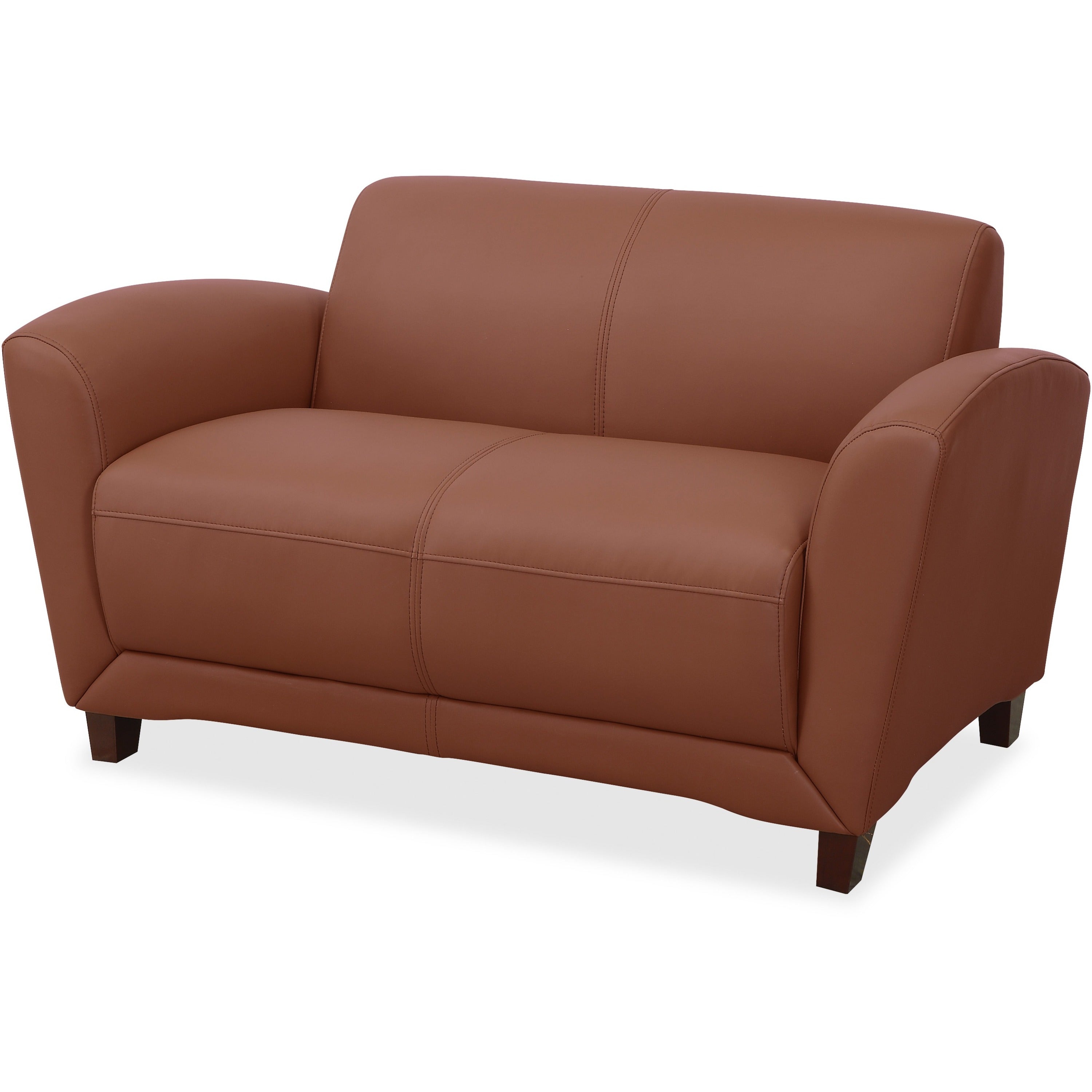 Lorell Accession Reception Loveseat, 55" x 31.5" x 34.5", Mahogany/Tan, Bonded Leather, Wood Base, 2-Seater, 1 Each