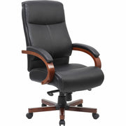 Lorell Executive High-Back Wood Finish Office Chair, Black Leather, Padded Seat and Back, Cherry Wood Arms and Steel Base, Adjustable Height, Swivel, Tilt Mechanism, 1 Each