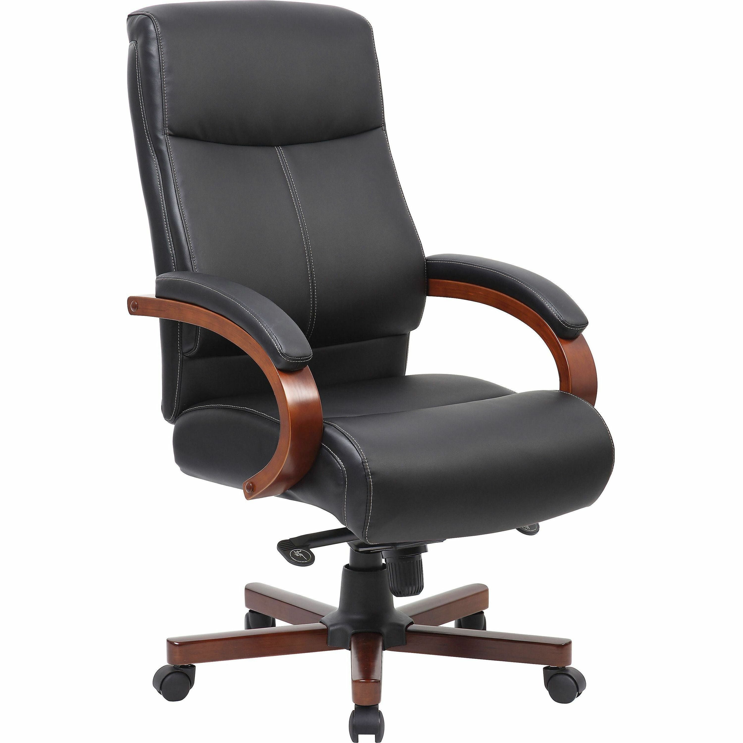 Lorell Executive High-Back Wood Finish Office Chair, Black Leather, Padded Seat and Back, Cherry Wood Arms and Steel Base, Adjustable Height, Swivel, Tilt Mechanism, 1 Each