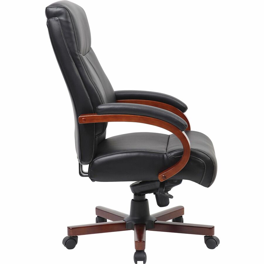 Lorell Executive High-Back Wood Finish Office Chair, Black Leather, Padded Seat and Back, Cherry Wood Arms and Steel Base, Adjustable Height, Swivel, Tilt Mechanism, 1 Each