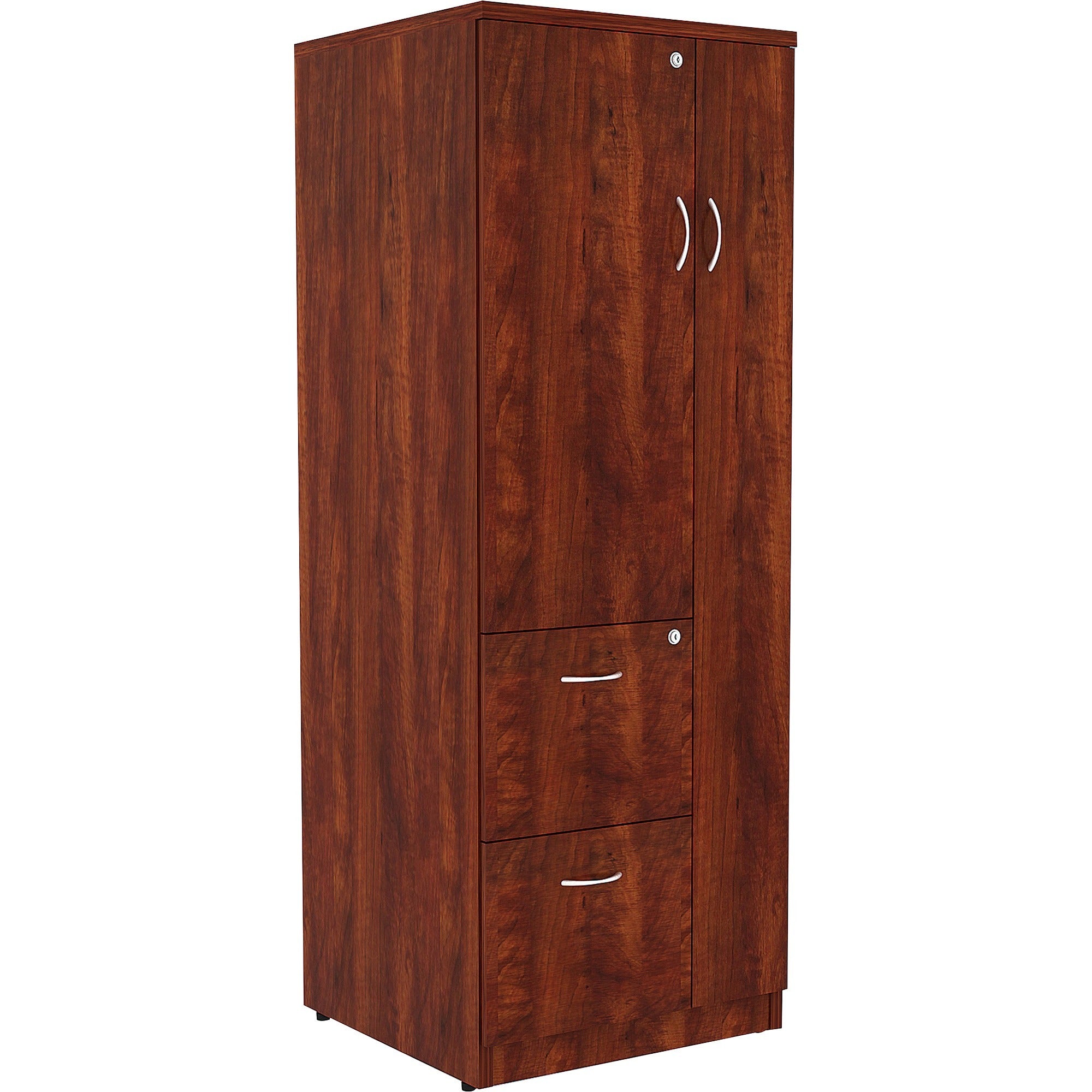 Lorell Essentials Series Tall Storage Cabinet, 65.6"H x 23.6"W x 23.6"D, 2 Drawers, 1 Door, Cherry Laminate, 1 Each