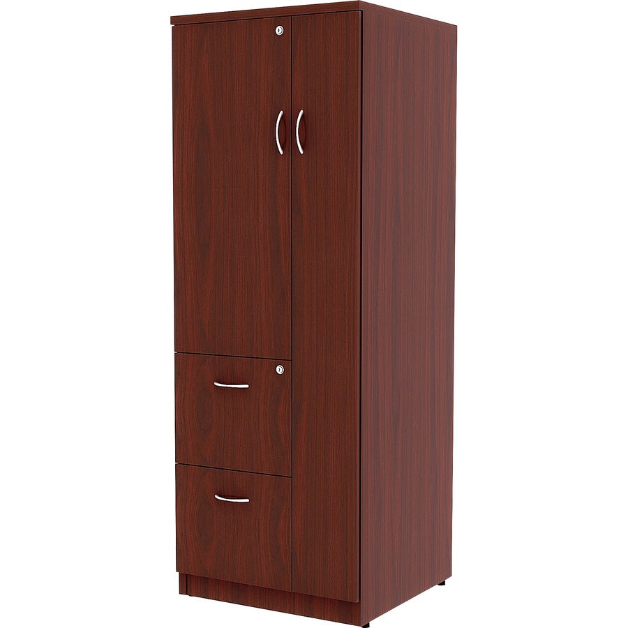 Lorell Essentials/Relevance Tall Storage Cabinet, Mahogany Laminate, 65.6"H x 23.6"W x 23.6"D, 2 Drawers, 1 Door, 1 Each