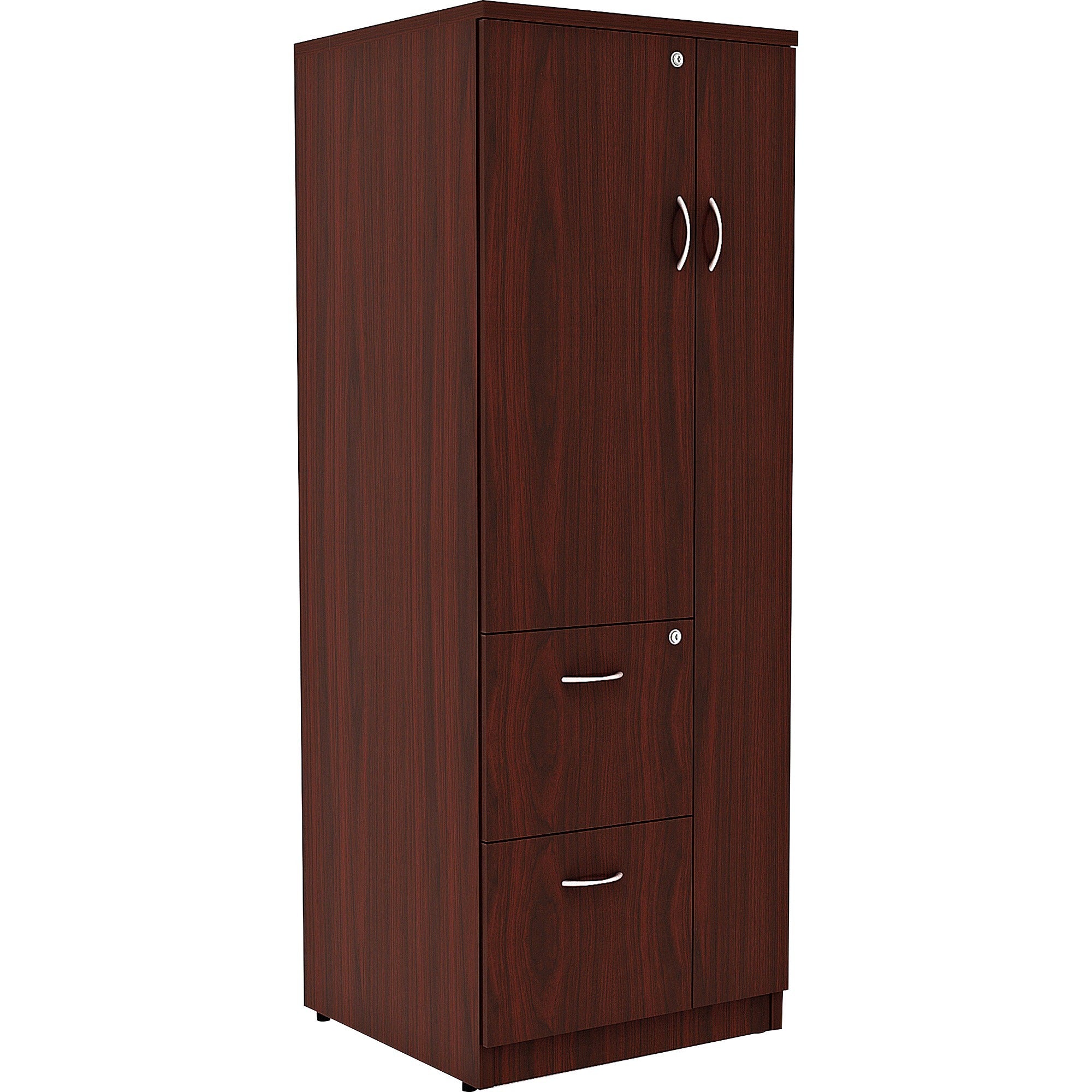 Lorell Essentials/Relevance Tall Storage Cabinet, Mahogany Laminate, 65.6"H x 23.6"W x 23.6"D, 2 Drawers, 1 Door, 1 Each