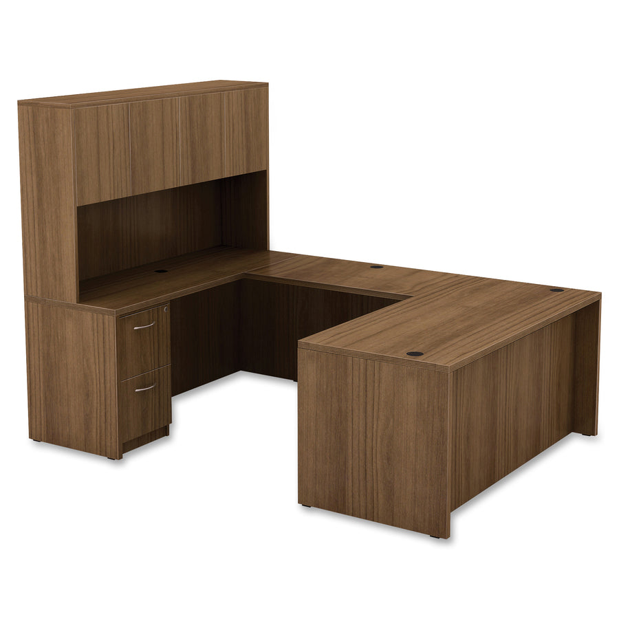 Lorell Essentials Series Peninsula Desk, Walnut Laminate, Metal, Reeded Edge, 29.5"H x 30"W x 66"D, 1 Each (Box 1 of 2)