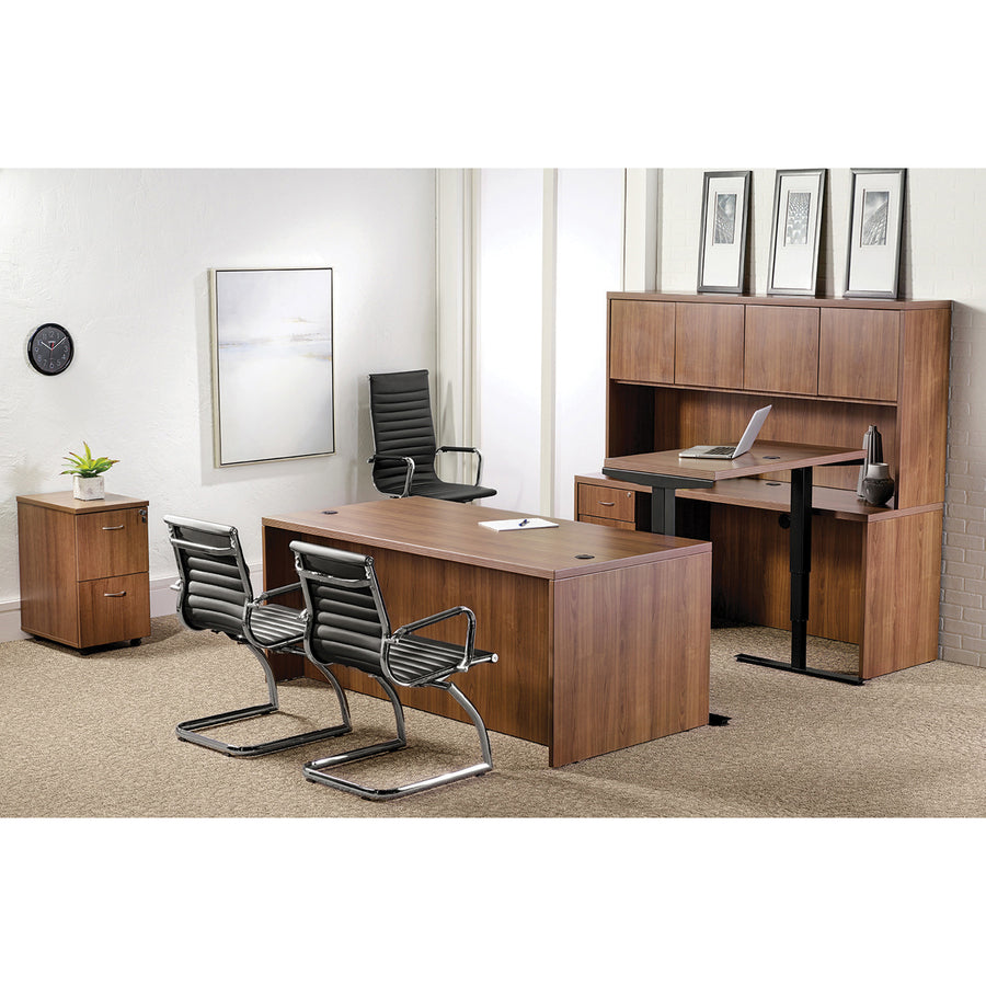 Lorell Essentials Series Peninsula Desk, Walnut Laminate, Metal, Reeded Edge, 29.5"H x 30"W x 66"D, 1 Each (Box 1 of 2)