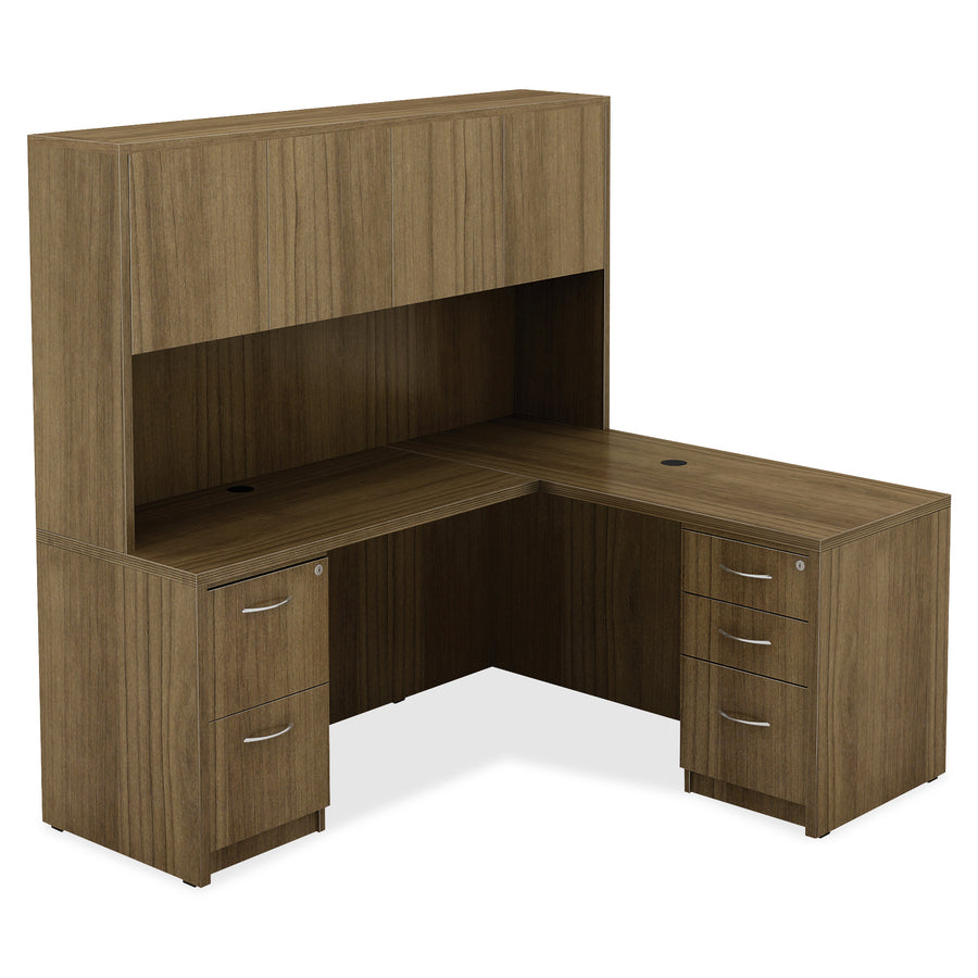 Lorell Essentials Series Peninsula Desk, Walnut Laminate, Metal, Reeded Edge, 29.5"H x 30"W x 66"D, 1 Each (Box 1 of 2)