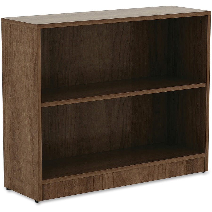 Lorell Laminate Bookcase, 2 Shelves, Adjustable Shelf, Adjustable Feet, Walnut Finish, 29.5"H x 36"W x 12"D, 1 Each