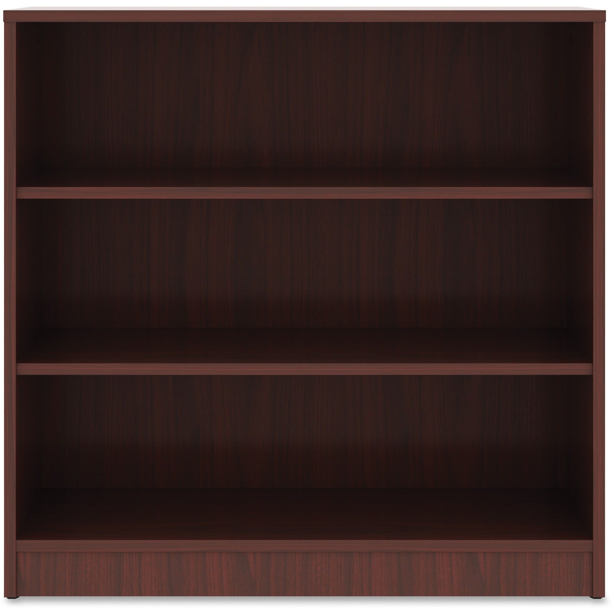 Lorell Laminate Bookcase, 3 Shelves, 36"H x 36"W x 12"D, Adjustable Feet and Shelf, Mahogany, 1 Each