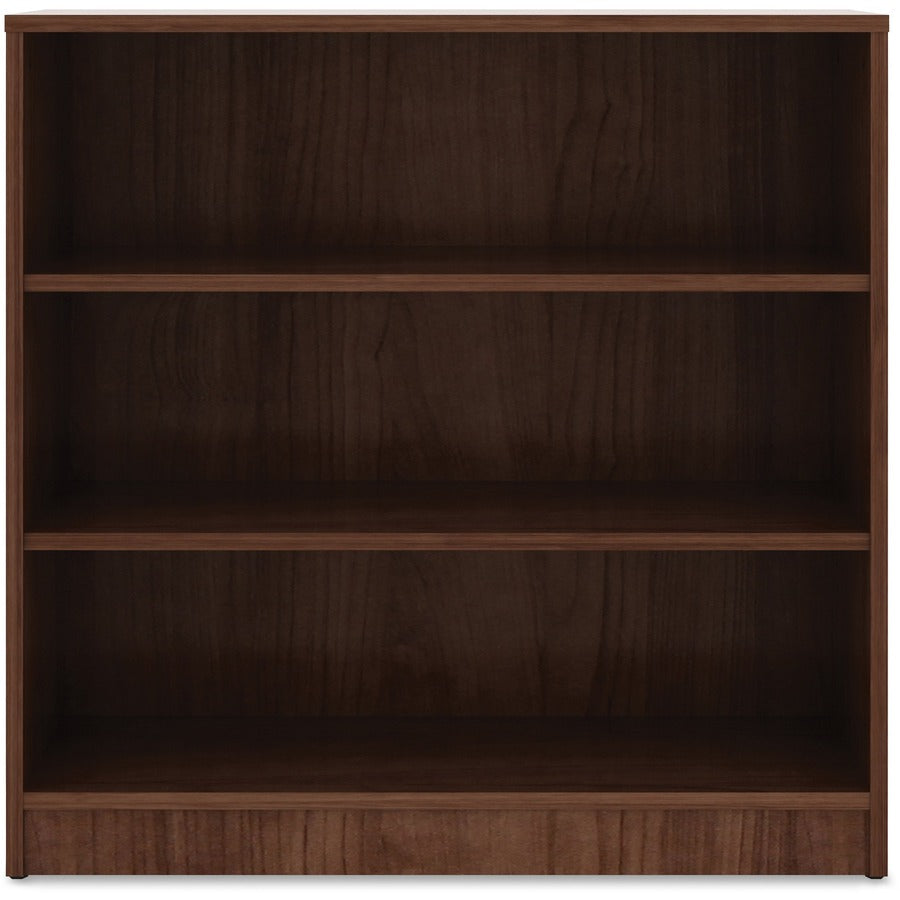 Lorell Laminate Bookcase, 3 Shelves, 36"H x 36"W x 12"D, Adjustable Feet and Shelf, Square Corners, Walnut Finish, 1 Each