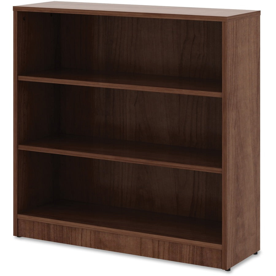 Lorell Laminate Bookcase, 3 Shelves, 36"H x 36"W x 12"D, Adjustable Feet and Shelf, Square Corners, Walnut Finish, 1 Each