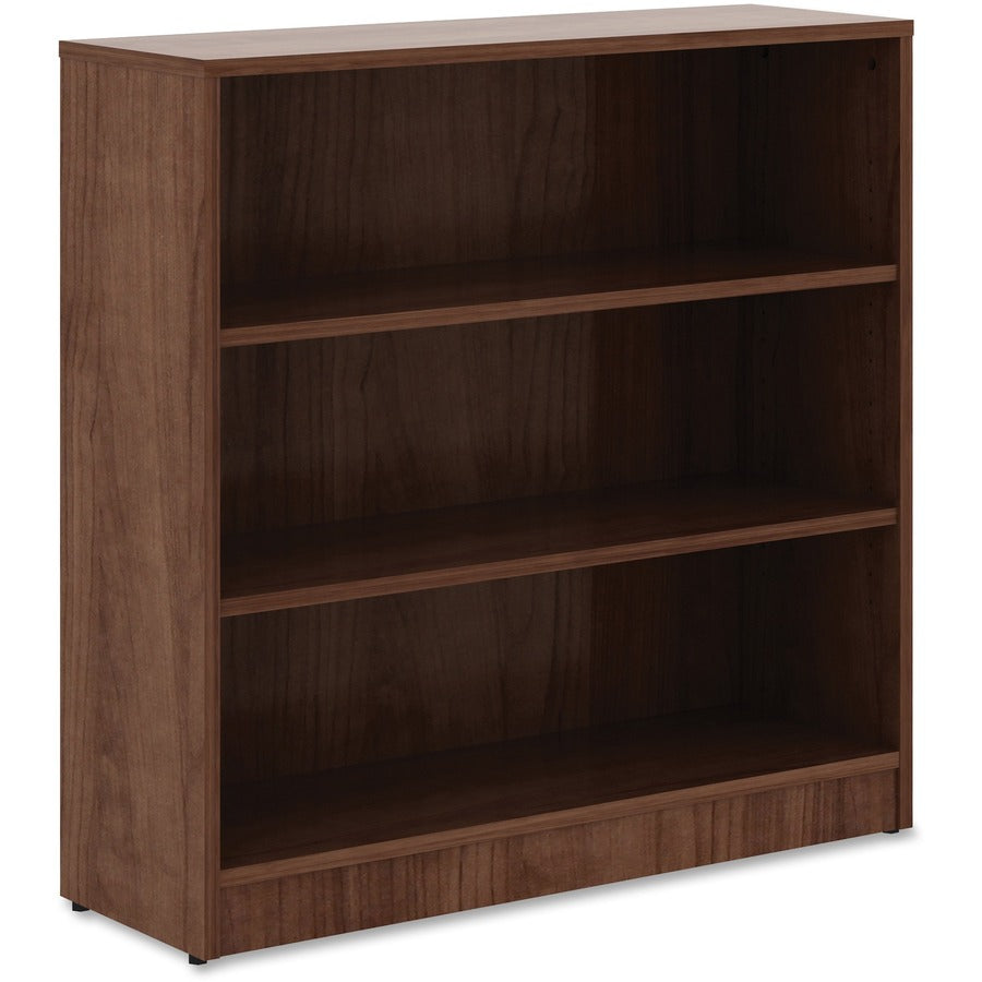 Lorell Laminate Bookcase, 3 Shelves, 36"H x 36"W x 12"D, Adjustable Feet and Shelf, Square Corners, Walnut Finish, 1 Each