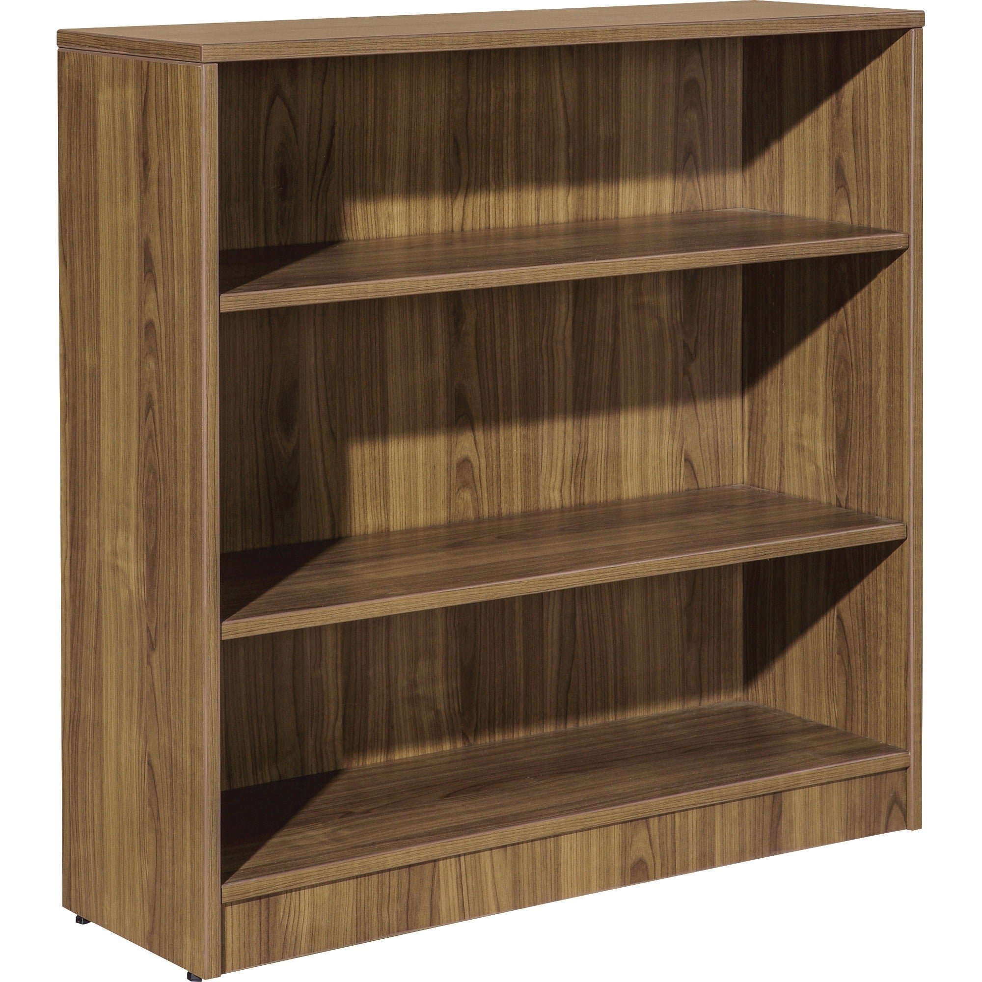 Lorell Laminate Bookcase, 3 Shelves, 36"H x 36"W x 12"D, Adjustable Feet and Shelf, Square Corners, Walnut Finish, 1 Each
