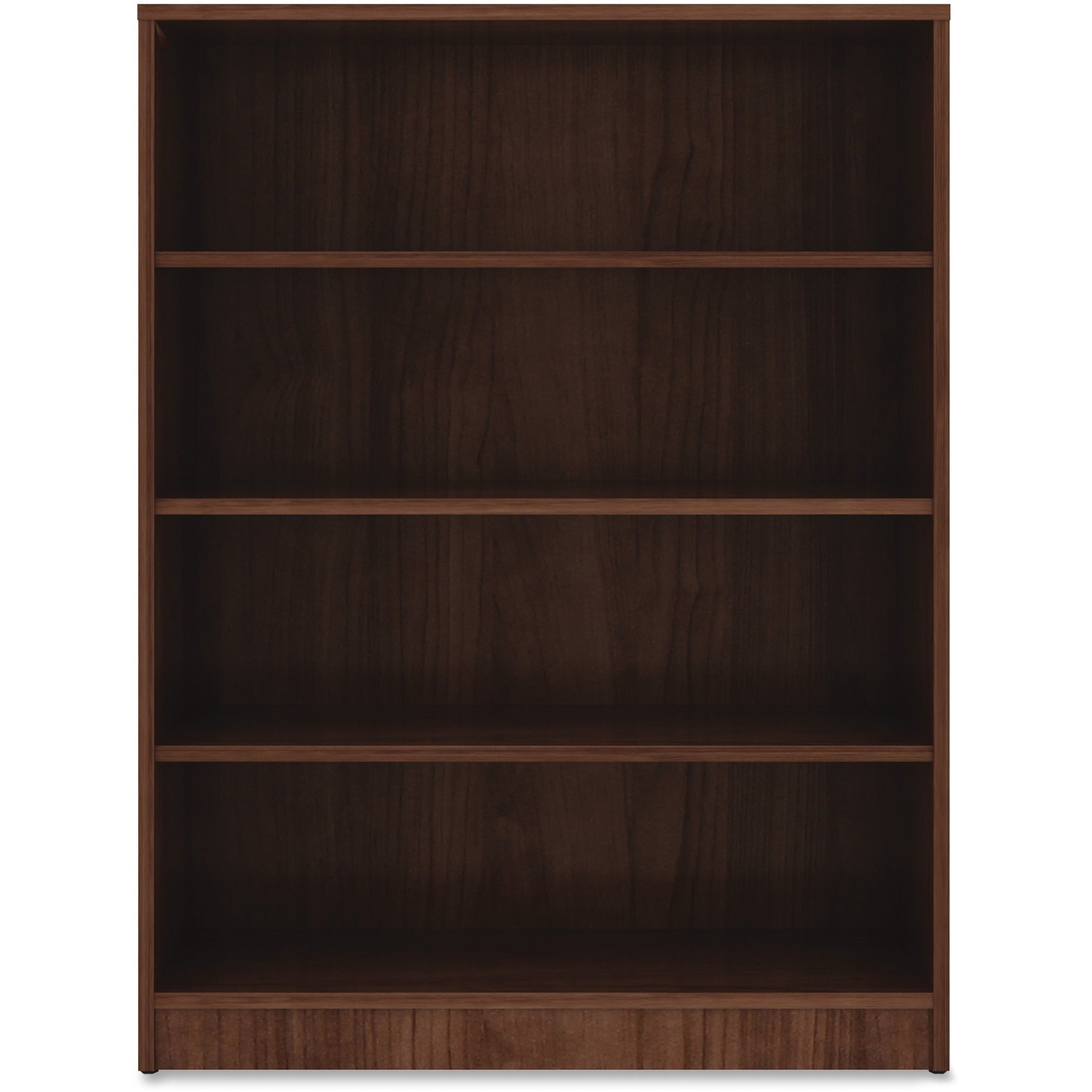 Lorell Laminate Bookcase, 4 Shelves, 48"H x 36"W x 12"D, Adjustable Shelves and Feet, Square Corners, Thermofused Walnut Laminate, 1 Each