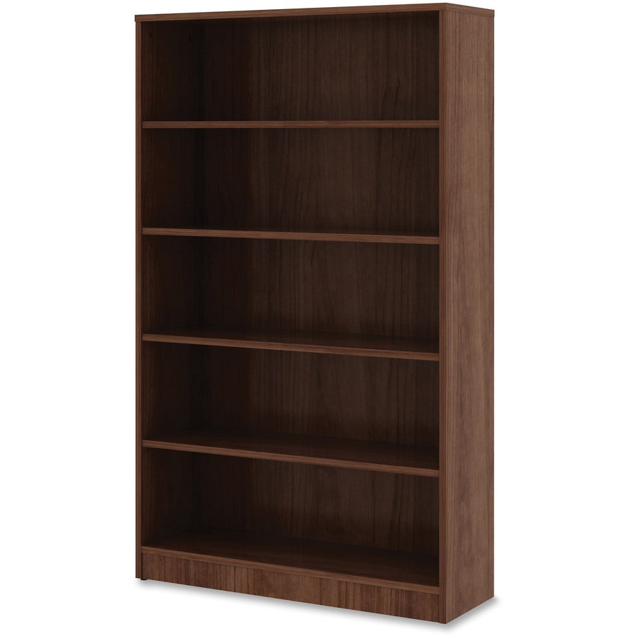 Lorell Laminate Bookcase, 5 Shelves (4 Adjustable), 60"H x 36"W x 12"D, 0.7" Thick Shelves, Square Edge, Thermofused Laminate, Walnut Finish, 1 Each