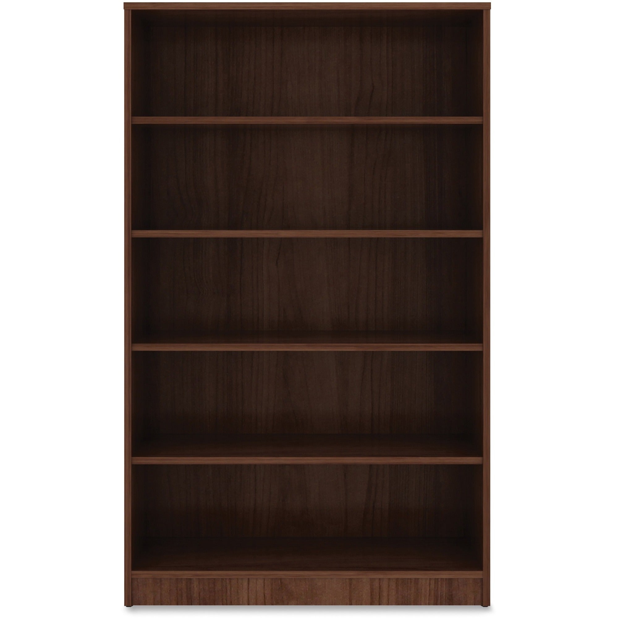 Lorell Laminate Bookcase, 5 Shelves (4 Adjustable), 60"H x 36"W x 12"D, 0.7" Thick Shelves, Square Edge, Thermofused Laminate, Walnut Finish, 1 Each