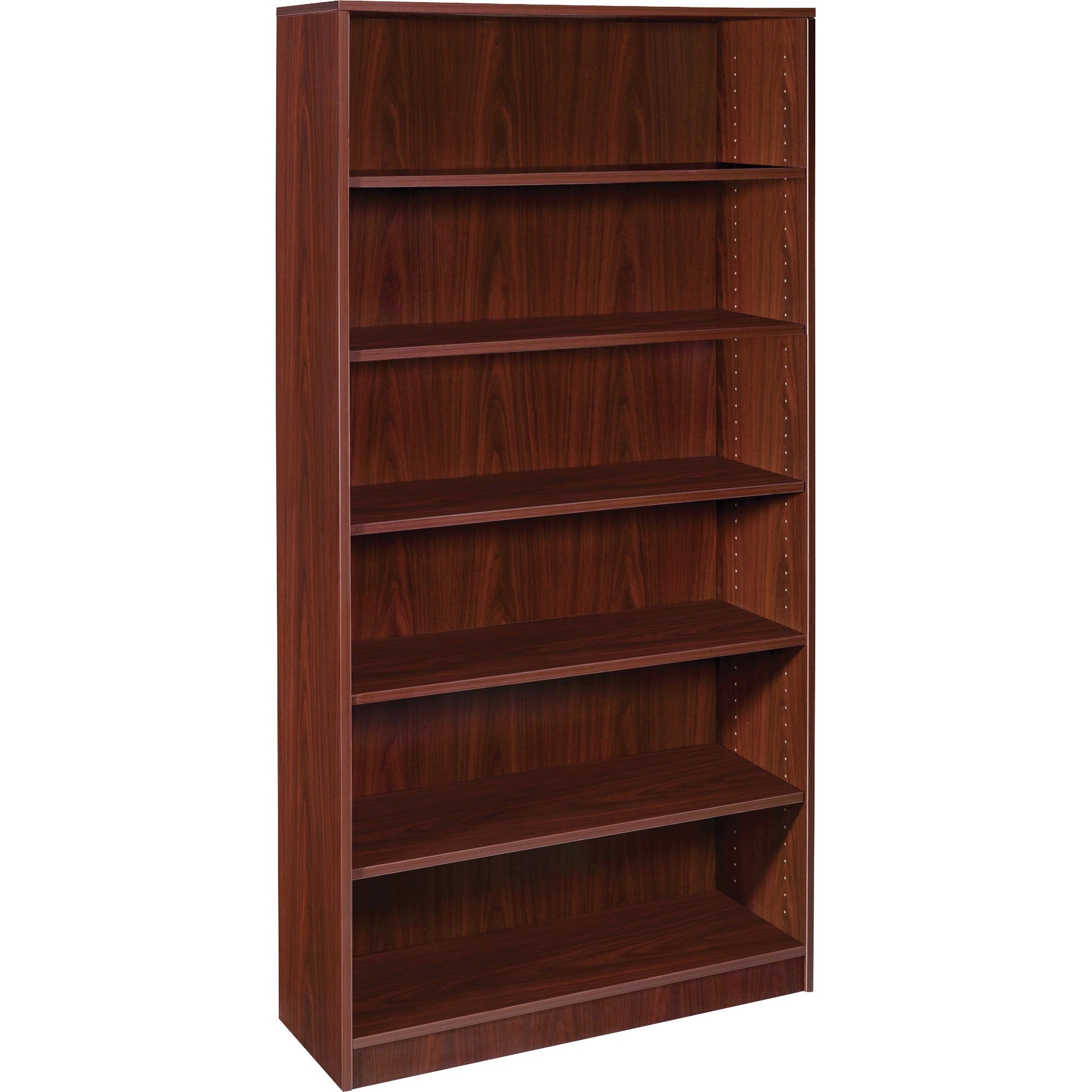Lorell Laminate Bookcase, 6 Shelves, 72"H x 36"W x 12"D, Adjustable Feet and Shelves, Square Corners, Mahogany Finish, 1 Each