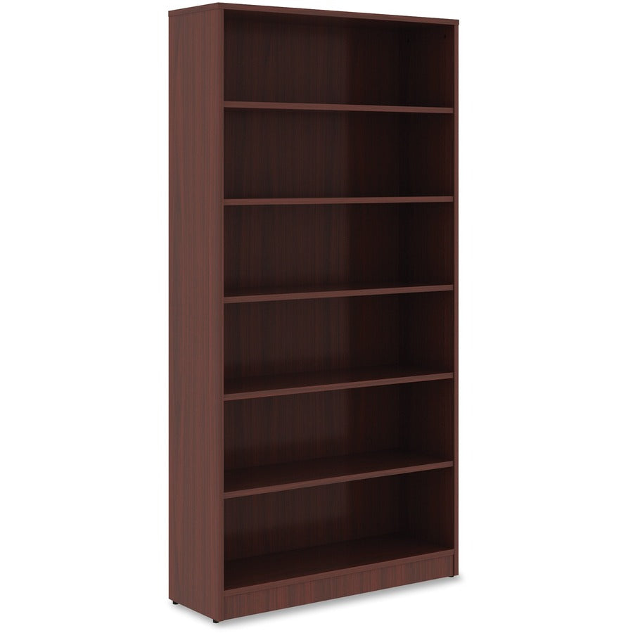 Lorell Laminate Bookcase, 6 Shelves, 72"H x 36"W x 12"D, Adjustable Feet and Shelves, Square Corners, Mahogany Finish, 1 Each