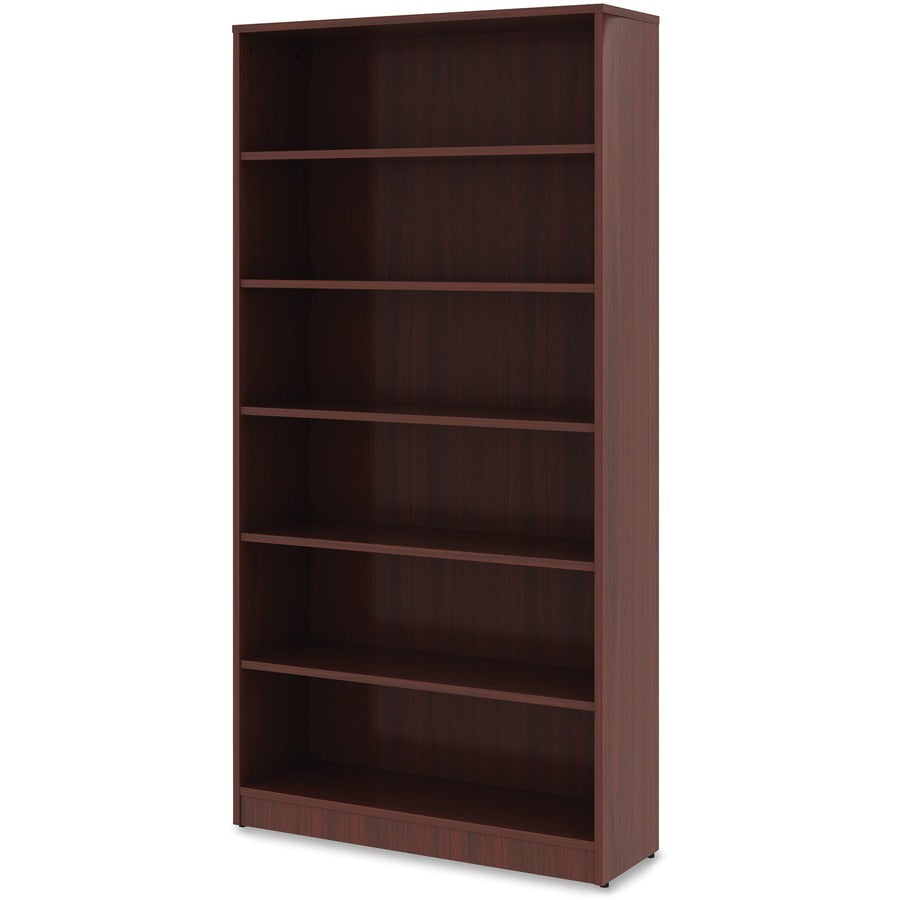 Lorell Laminate Bookcase, 6 Shelves, 72"H x 36"W x 12"D, Adjustable Feet and Shelves, Square Corners, Mahogany Finish, 1 Each