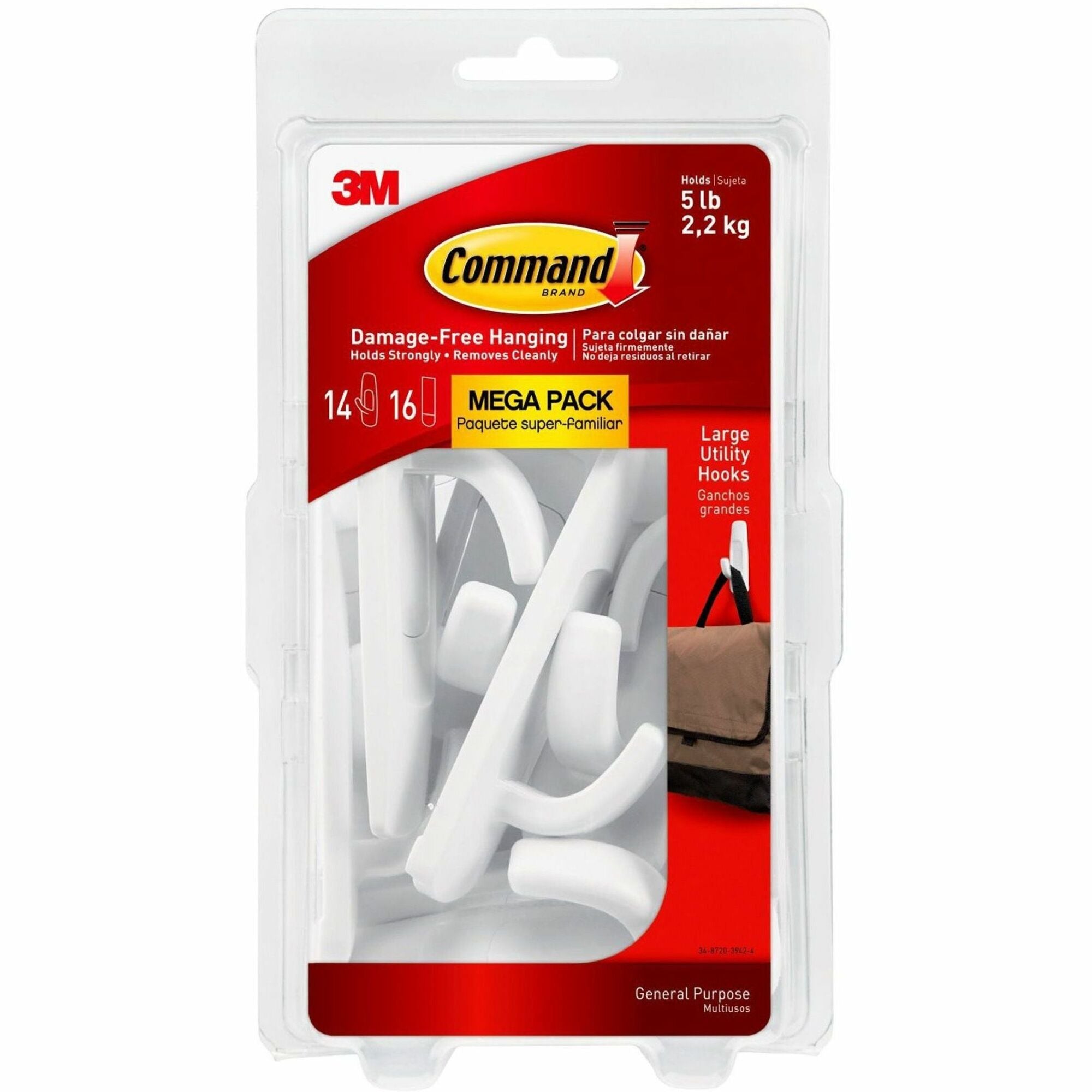 14 Hooks - 14 Large Hook - 5 lb (2.27 kg) Capacity - 3.9" Height x 1.8" Width - for Multipurpose, Paint, Wood, Tile - Plastic - White - 20 / Pack