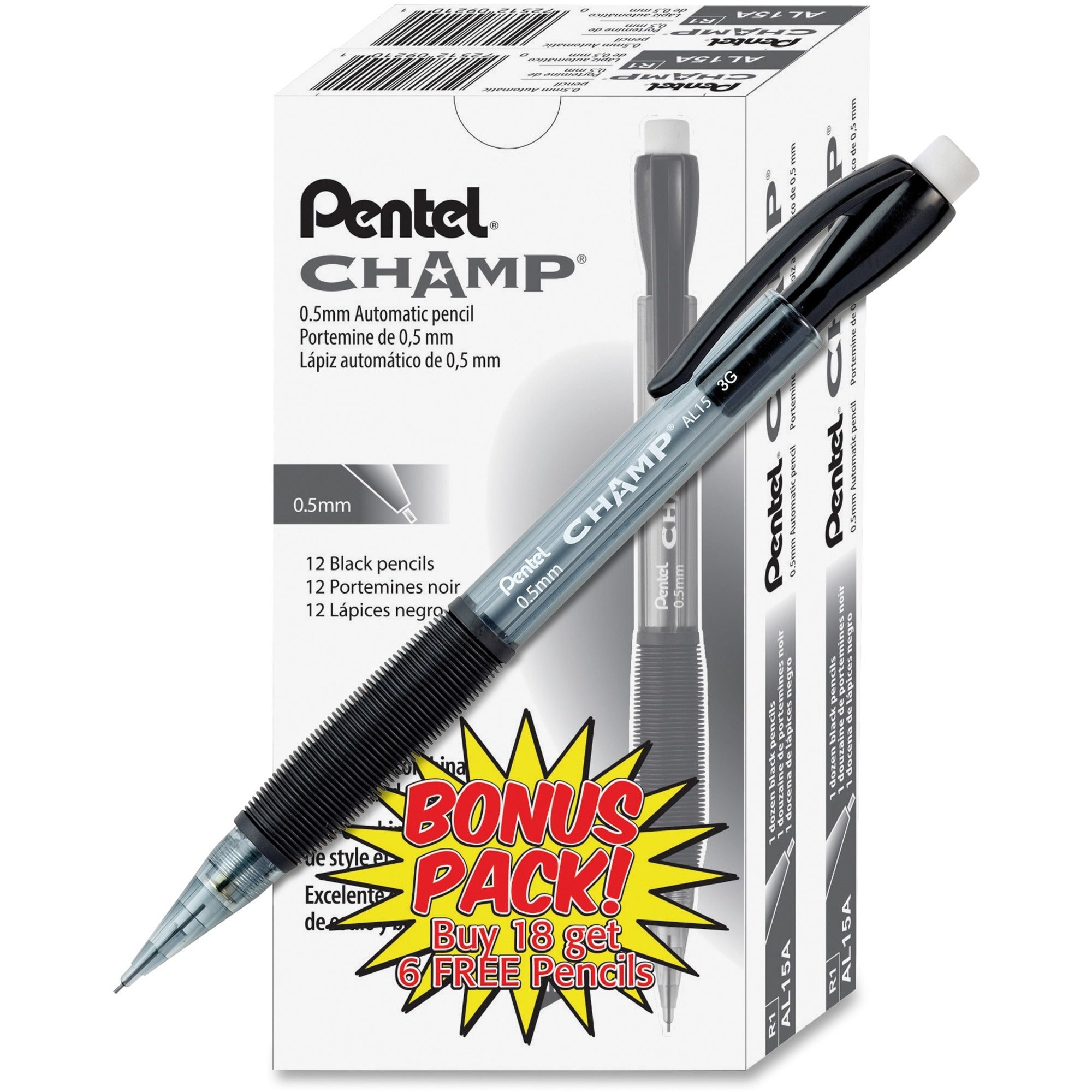 Pentel Champ Mechanical Pencils, 0.5 mm HB Black Lead, Refillable, Black Barrel, 24 Pack