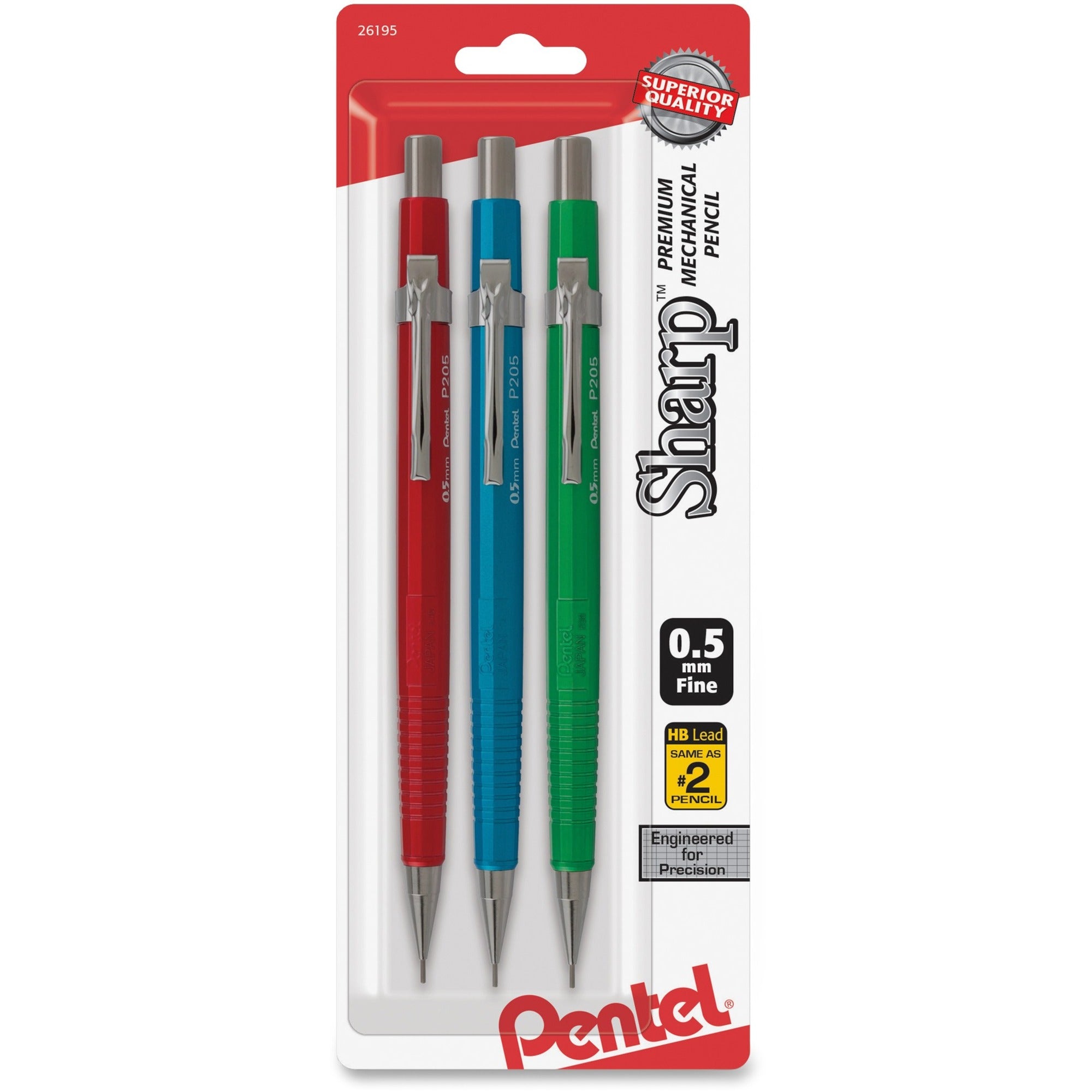 Pentel Sharp Premium Mechanical Pencils, 0.5 mm Black HB Lead, Refillable, Assorted Barrels, 3 Pack