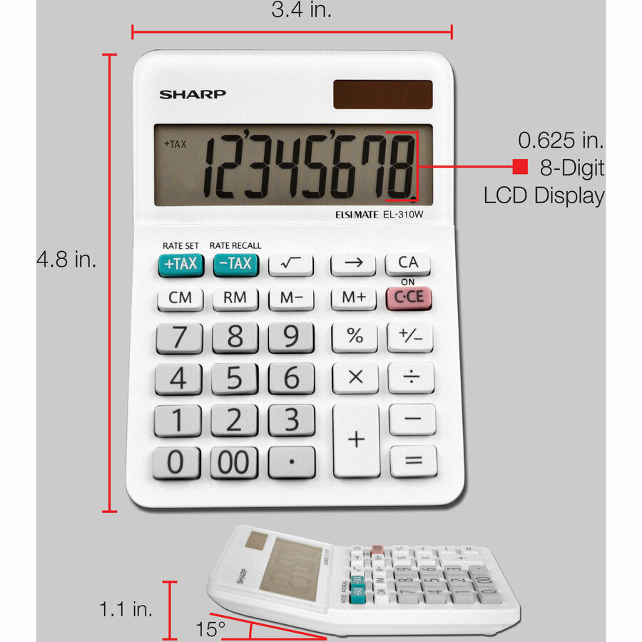 4-Key Memory, Sign Change, Backspace Key, Auto Power Off, Double Zero - 8 Digits - LCD - 1" Height x 3.4" Width x 4.8" Depth - White - Desktop - 1 Each