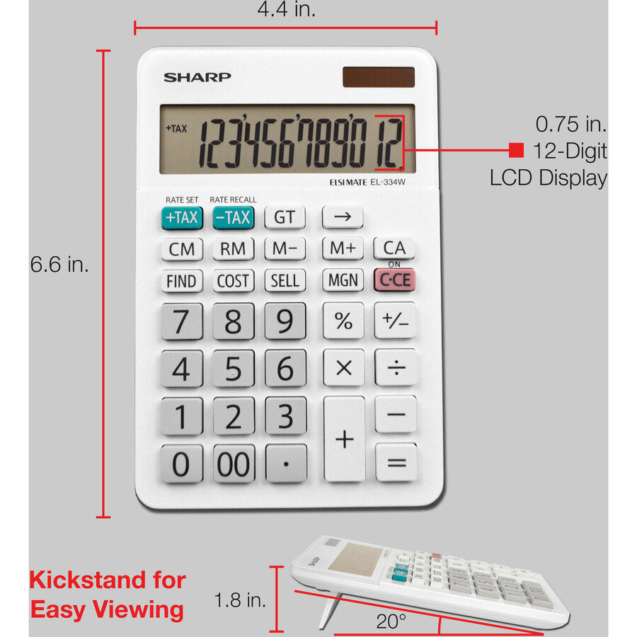 4-Key Memory, Sign Change, Backspace Key, Auto Power Off, Double Zero - 12 Digits - LCD - 0.6" Height x 4.4" Width x 6.6" Depth - White - Desktop - 1 Each
