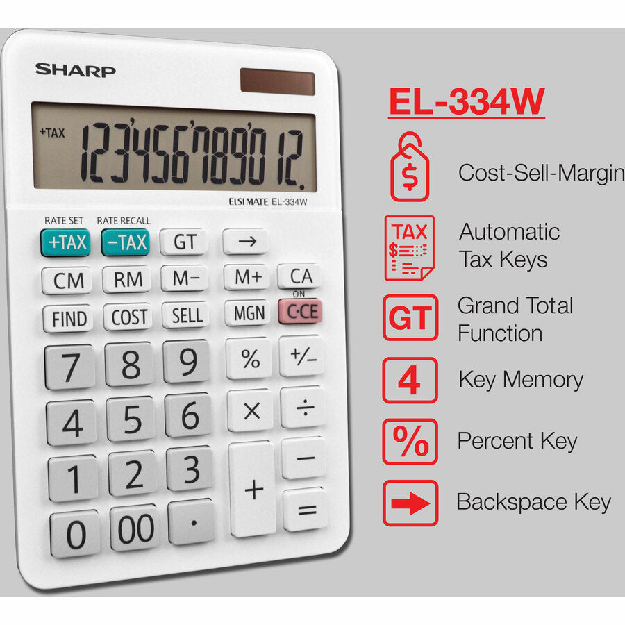 4-Key Memory, Sign Change, Backspace Key, Auto Power Off, Double Zero - 12 Digits - LCD - 0.6" Height x 4.4" Width x 6.6" Depth - White - Desktop - 1 Each