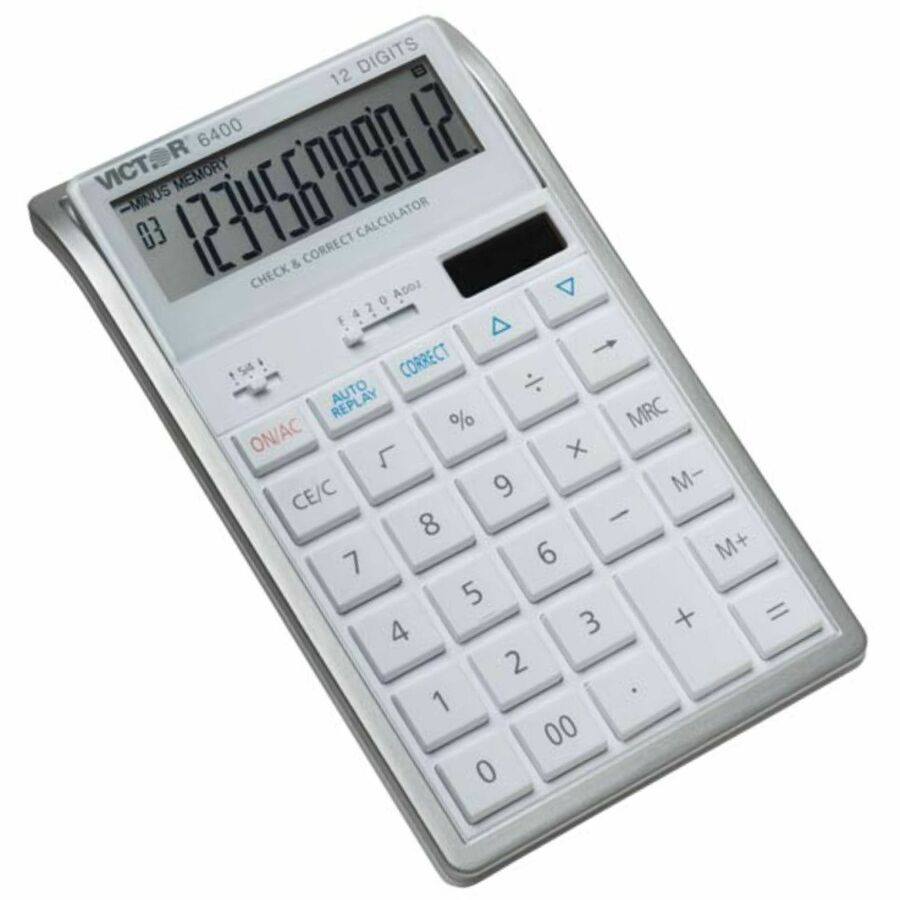Large Display, Tilt Display, 3-Key Memory, Automatic Power Down, Dual Power, Battery Backup, Independent Memory - 12 Digits - LCD - Battery/Solar Powered - 2" Height x 4.3" Width x 7" Depth - White - Desktop - 1 Each