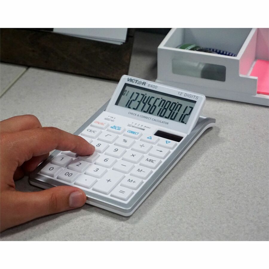 Large Display, Tilt Display, 3-Key Memory, Automatic Power Down, Dual Power, Battery Backup, Independent Memory - 12 Digits - LCD - Battery/Solar Powered - 2" Height x 4.3" Width x 7" Depth - White - Desktop - 1 Each