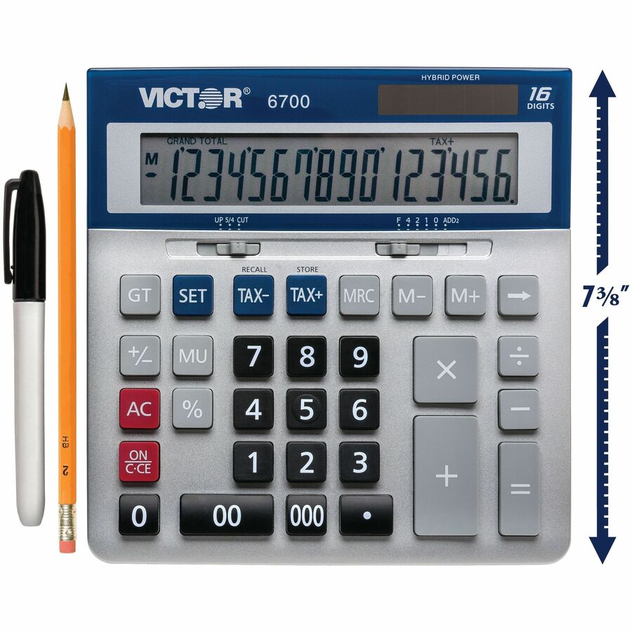 Extra Large Display, Angled Display, 3-Key Memory, Automatic Power Down, Dual Power, Battery Backup, Independent Memory - 16 Digits - LCD - Battery/Solar Powered - 1.6" Height x 7.3" Width x 7.5" Depth - Silver, Blue - Desktop - 1 Each