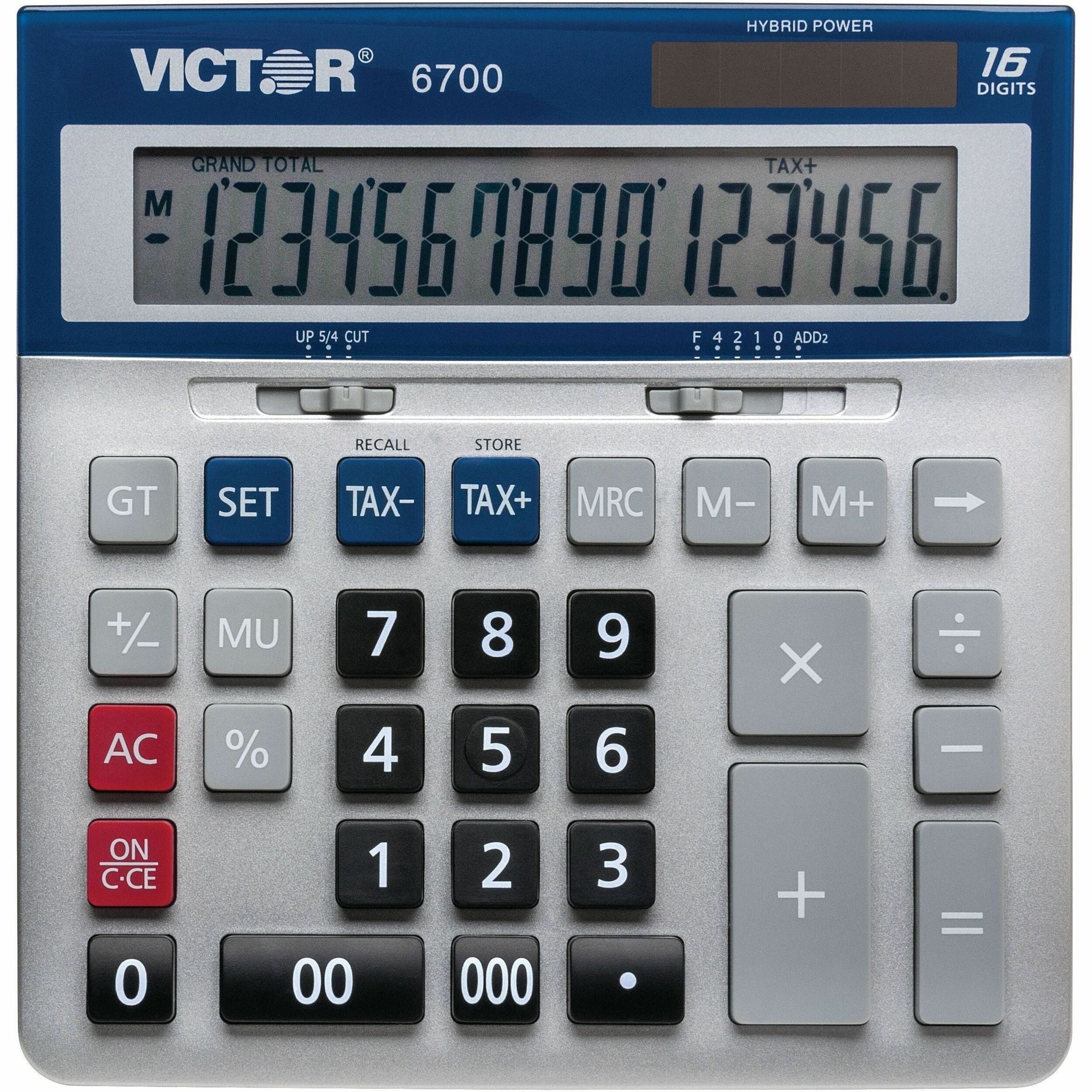 Extra Large Display, Angled Display, 3-Key Memory, Automatic Power Down, Dual Power, Battery Backup, Independent Memory - 16 Digits - LCD - Battery/Solar Powered - 1.6" Height x 7.3" Width x 7.5" Depth - Silver, Blue - Desktop - 1 Each