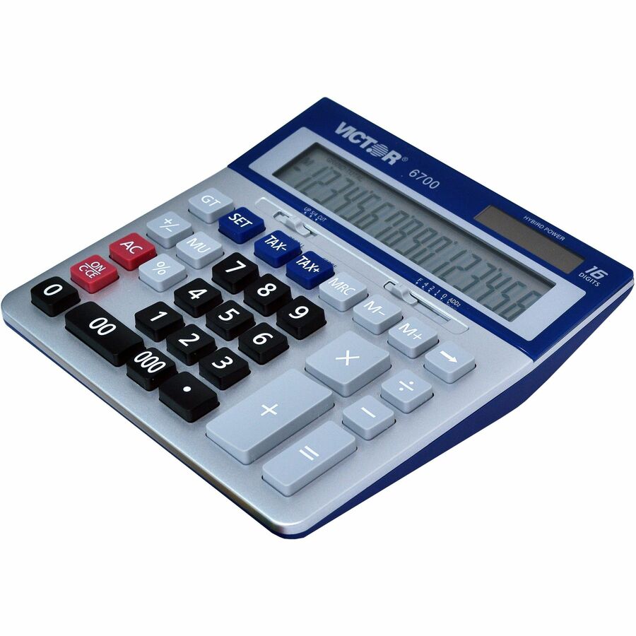Extra Large Display, Angled Display, 3-Key Memory, Automatic Power Down, Dual Power, Battery Backup, Independent Memory - 16 Digits - LCD - Battery/Solar Powered - 1.6" Height x 7.3" Width x 7.5" Depth - Silver, Blue - Desktop - 1 Each