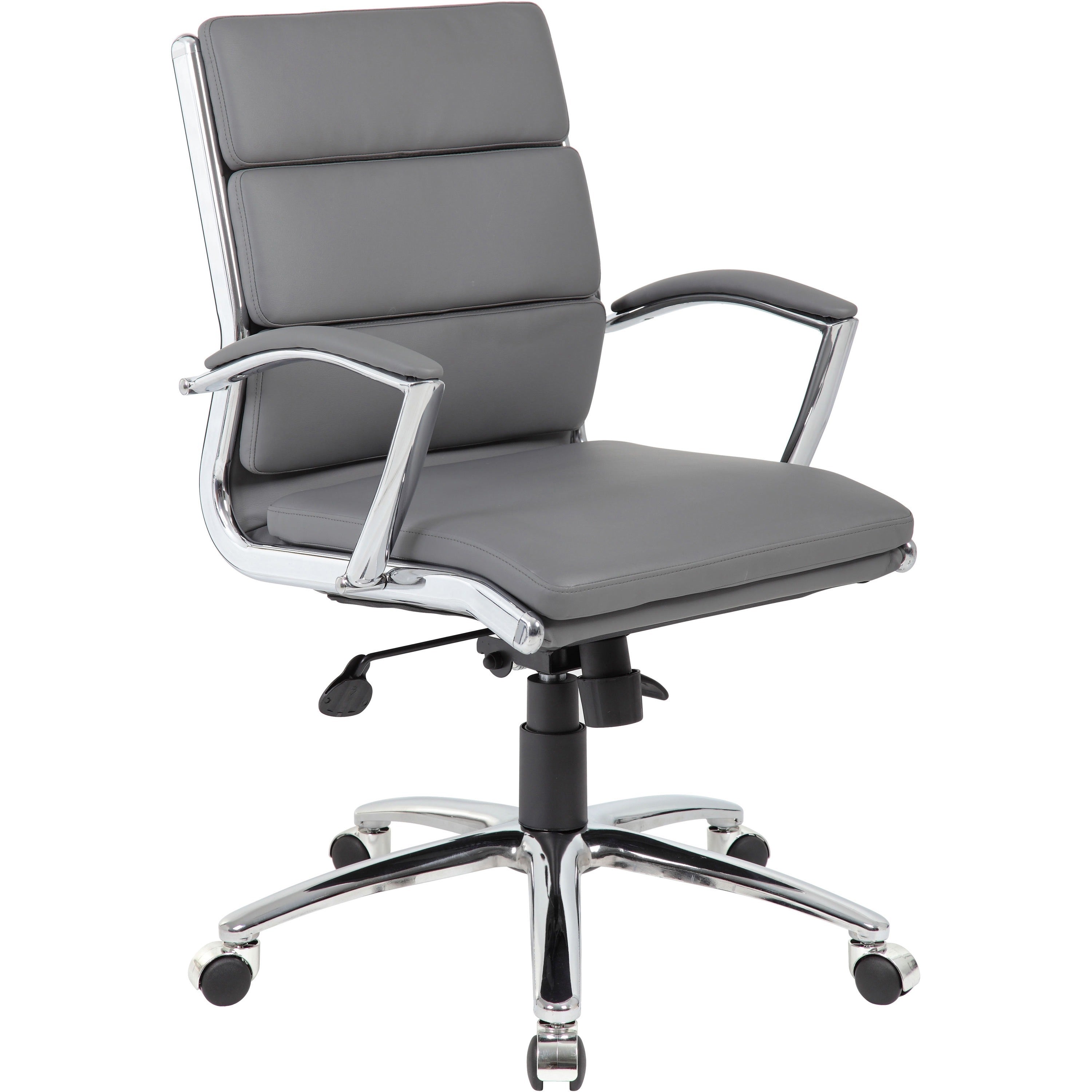 Boss Executive Chair, Gray Vinyl Seat and Back, Chrome/Black Frame, Mid Back, 5-Star Chrome Base, Adjustable Height, 1 Each