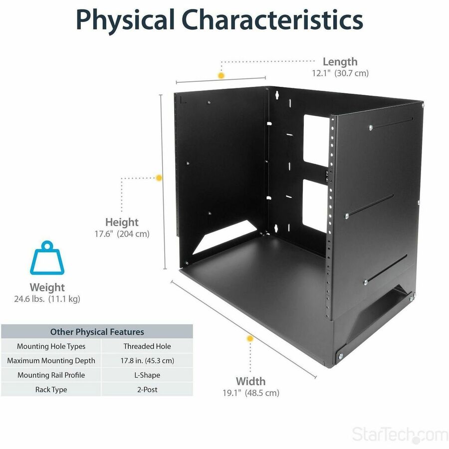 StarTech.com Wall-Mount Server Rack with Built-in Shelf - Solid Steel - 8U