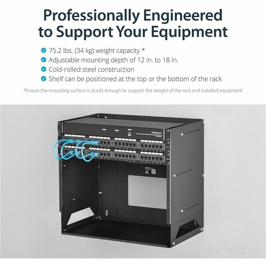 StarTech.com Wall-Mount Server Rack with Built-in Shelf - Solid Steel - 8U