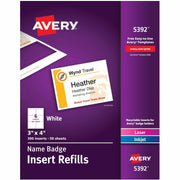 Avery&reg; Laser/Inkjet Badge Insert Refills - x 3" Width x 4" Length - Insert - Inkjet, Laser - White - Card Stock - 6 / Sheet - 50 Total Sheets - 300 Total Label(s) - 300 / Box