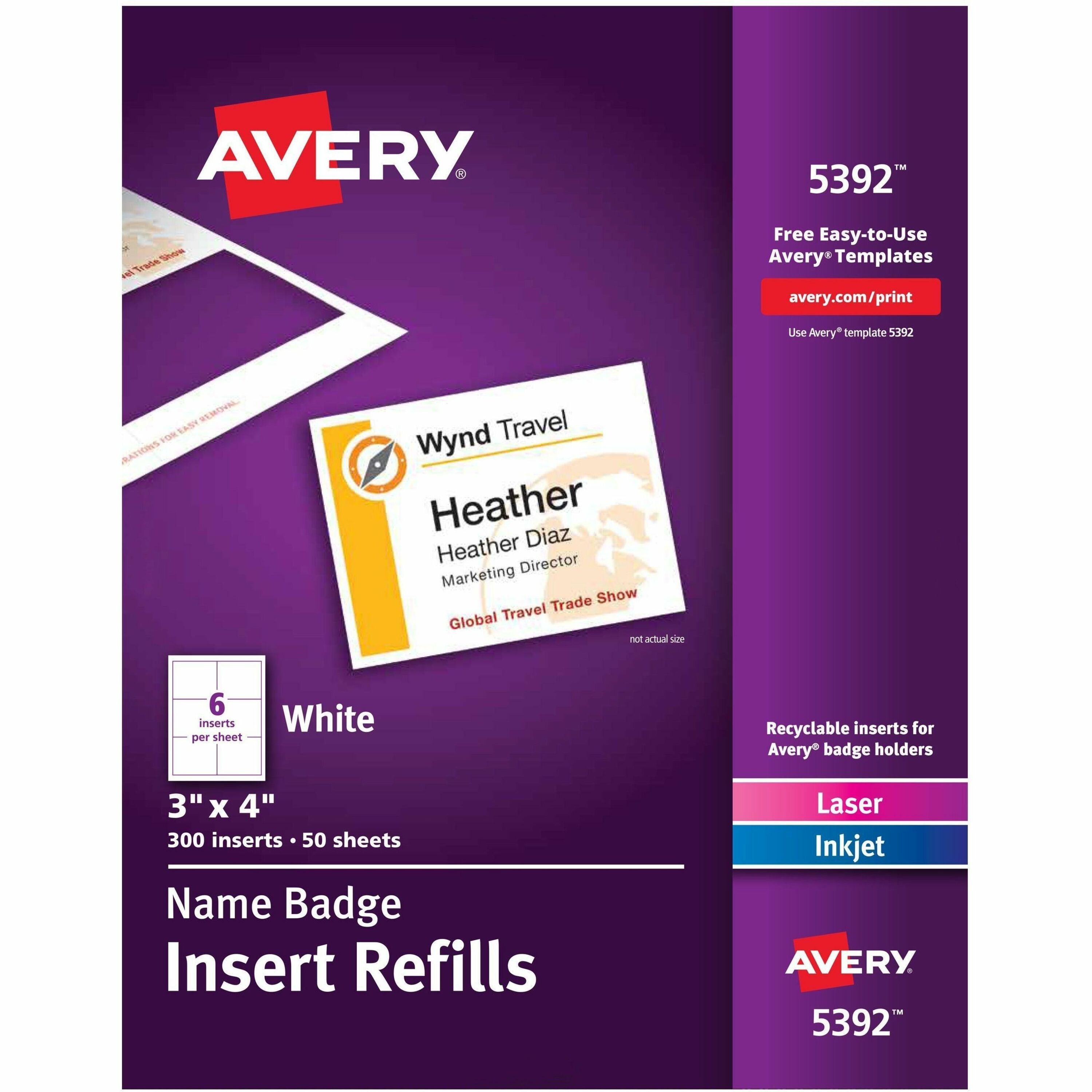 Avery&reg; Laser/Inkjet Badge Insert Refills - x 3" Width x 4" Length - Insert - Inkjet, Laser - White - Card Stock - 6 / Sheet - 50 Total Sheets - 300 Total Label(s) - 300 / Box