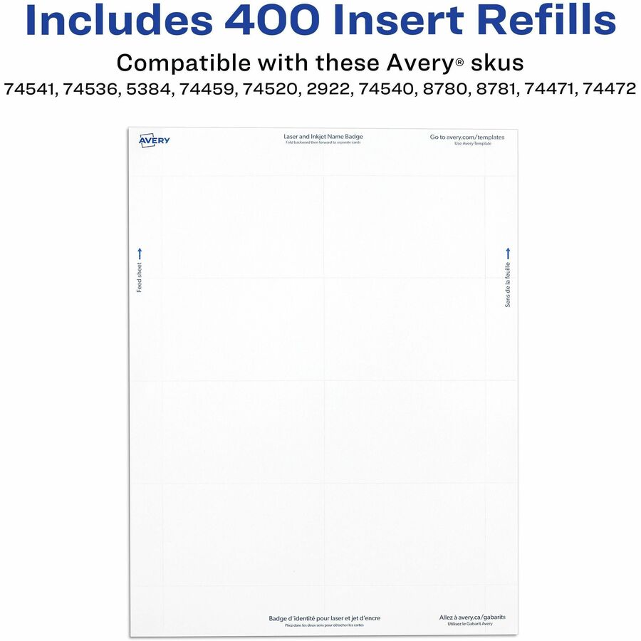 Avery&reg; Laser/Inkjet Badge Insert Refills - x 3" Width x 4" Length - Insert - Inkjet, Laser - White - Card Stock - 6 / Sheet - 50 Total Sheets - 300 Total Label(s) - 300 / Box