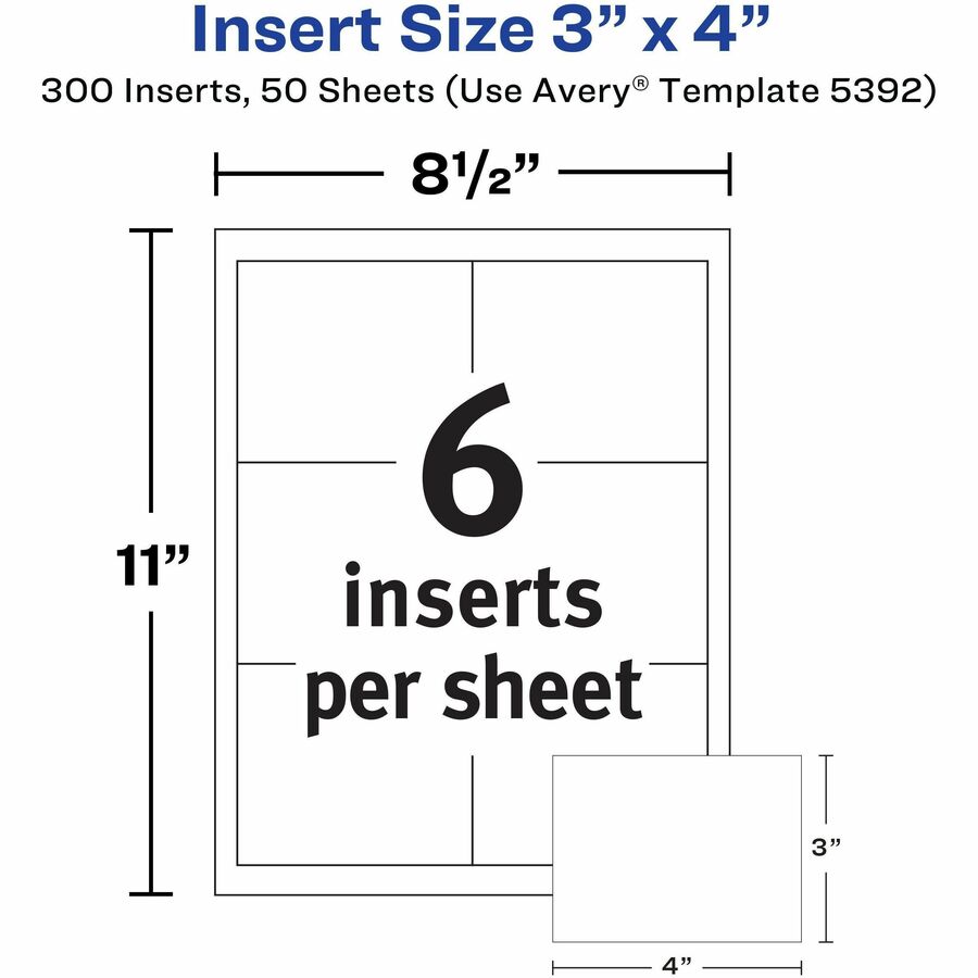 Avery&reg; Laser/Inkjet Badge Insert Refills - x 3" Width x 4" Length - Insert - Inkjet, Laser - White - Card Stock - 6 / Sheet - 50 Total Sheets - 300 Total Label(s) - 300 / Box