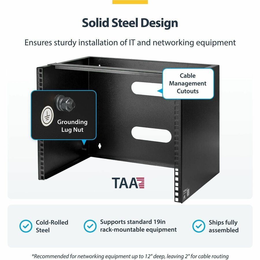 StarTech.com Wall-Mount Bracket for Shallow Rack-Mount Equipment - Solid Steel - 8U