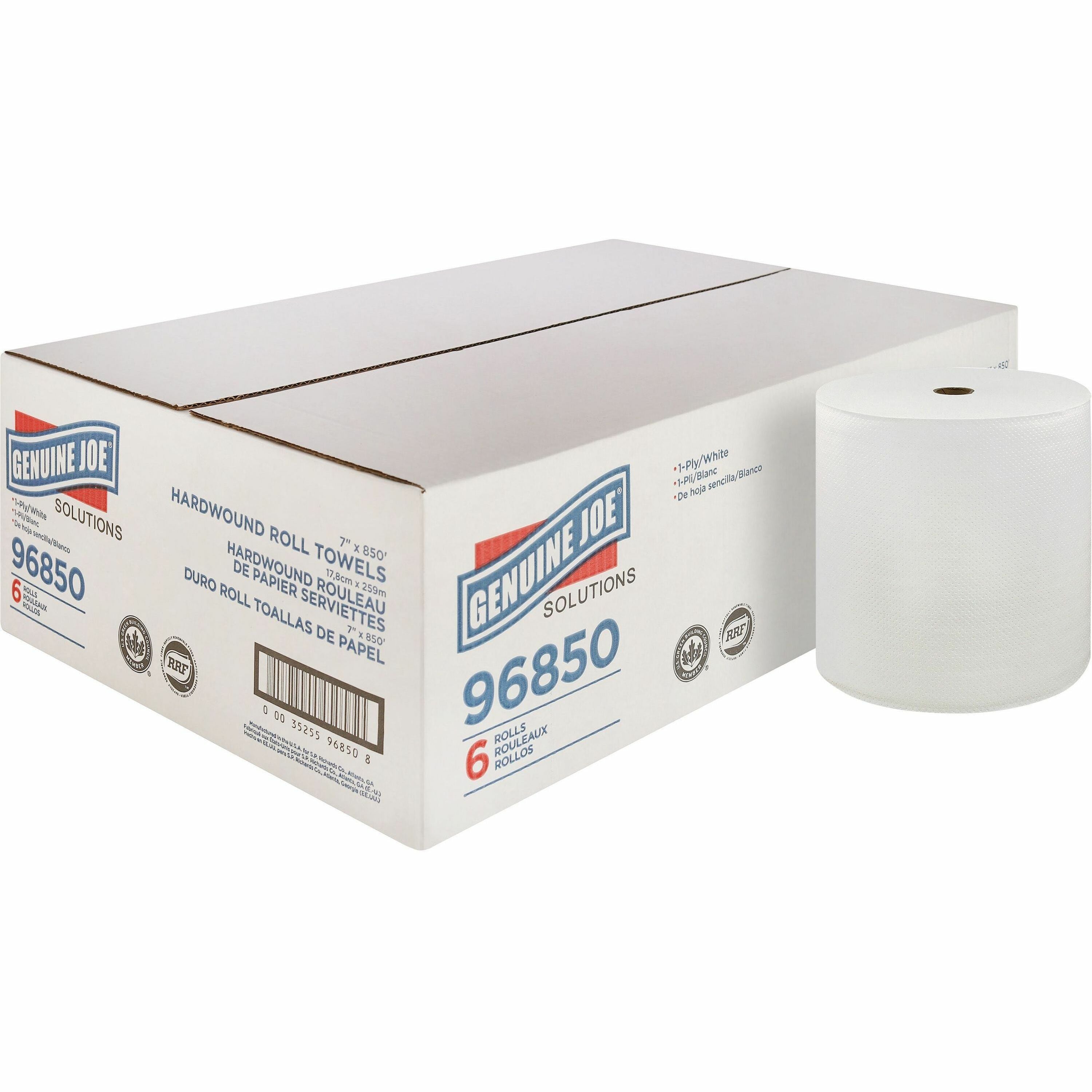 Genuine Joe Solutions Hardwound Paper Towels, 1-Ply, 7" x 850 ft, White, Virgin Fiber, 6 Rolls per Carton